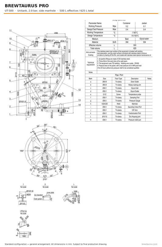 BrewTaurus PRO UT-500 unitank with side manhole — general arrangement drawing, 500/625 L, 2.0 bar