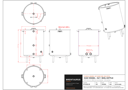 BrewTaurus K220 kettle / HLT vessel technical drawing with dimensions