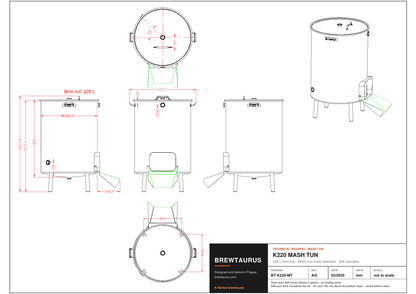 BrewTaurus K220 mash tun technical drawing with dimensions