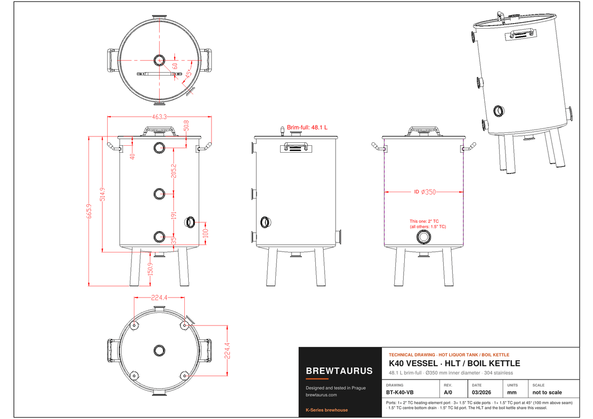 BrewTaurus K40 kettle / HLT vessel technical drawing with dimensions