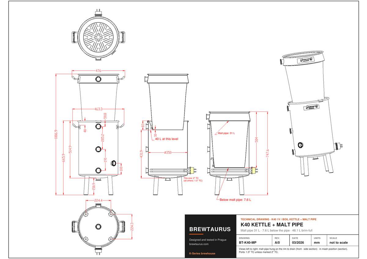 BrewTaurus K40 kettle with malt pipe technical drawing with dimensions