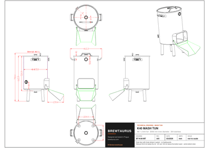 BrewTaurus K40 mash tun technical drawing with dimensions