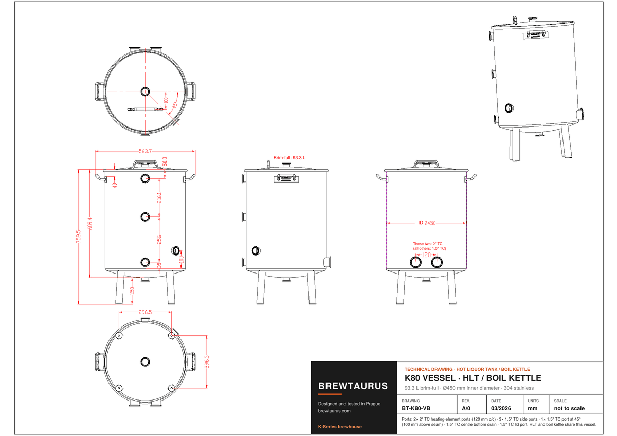BrewTaurus K80 kettle / HLT vessel technical drawing with dimensions
