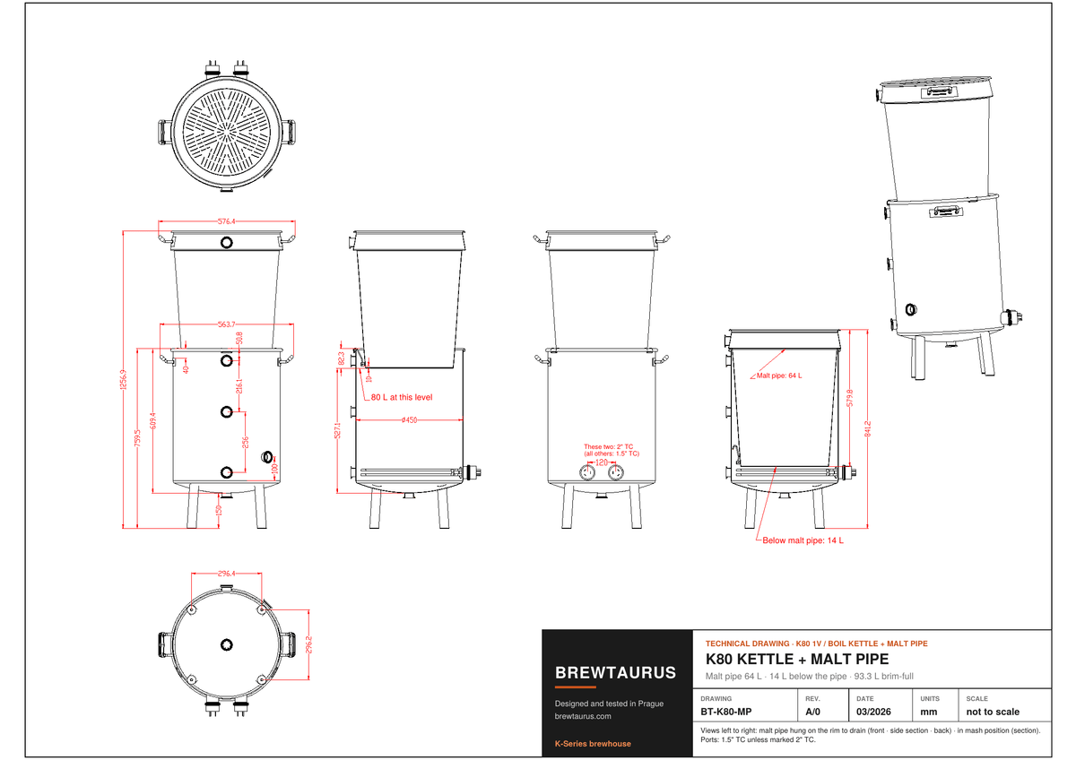BrewTaurus K80 kettle with malt pipe technical drawing with dimensions