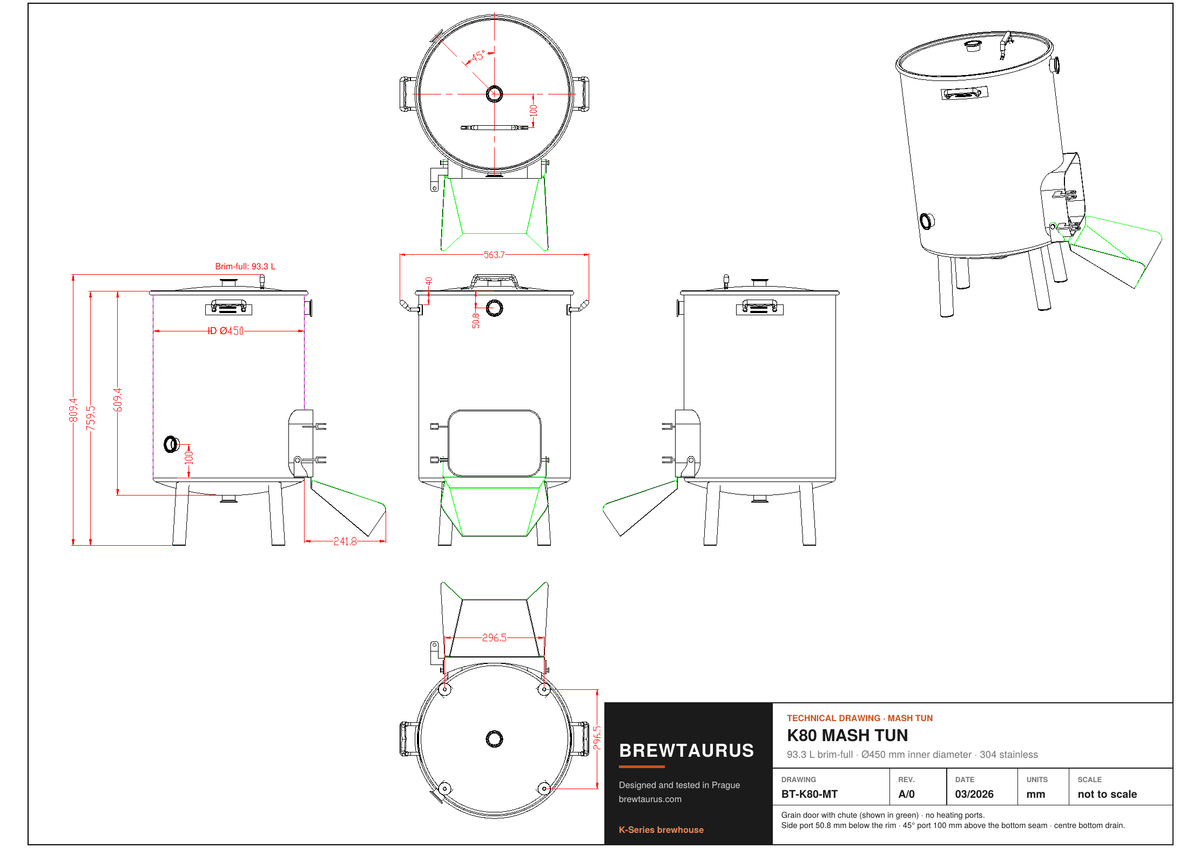 BrewTaurus K80 mash tun technical drawing with dimensions