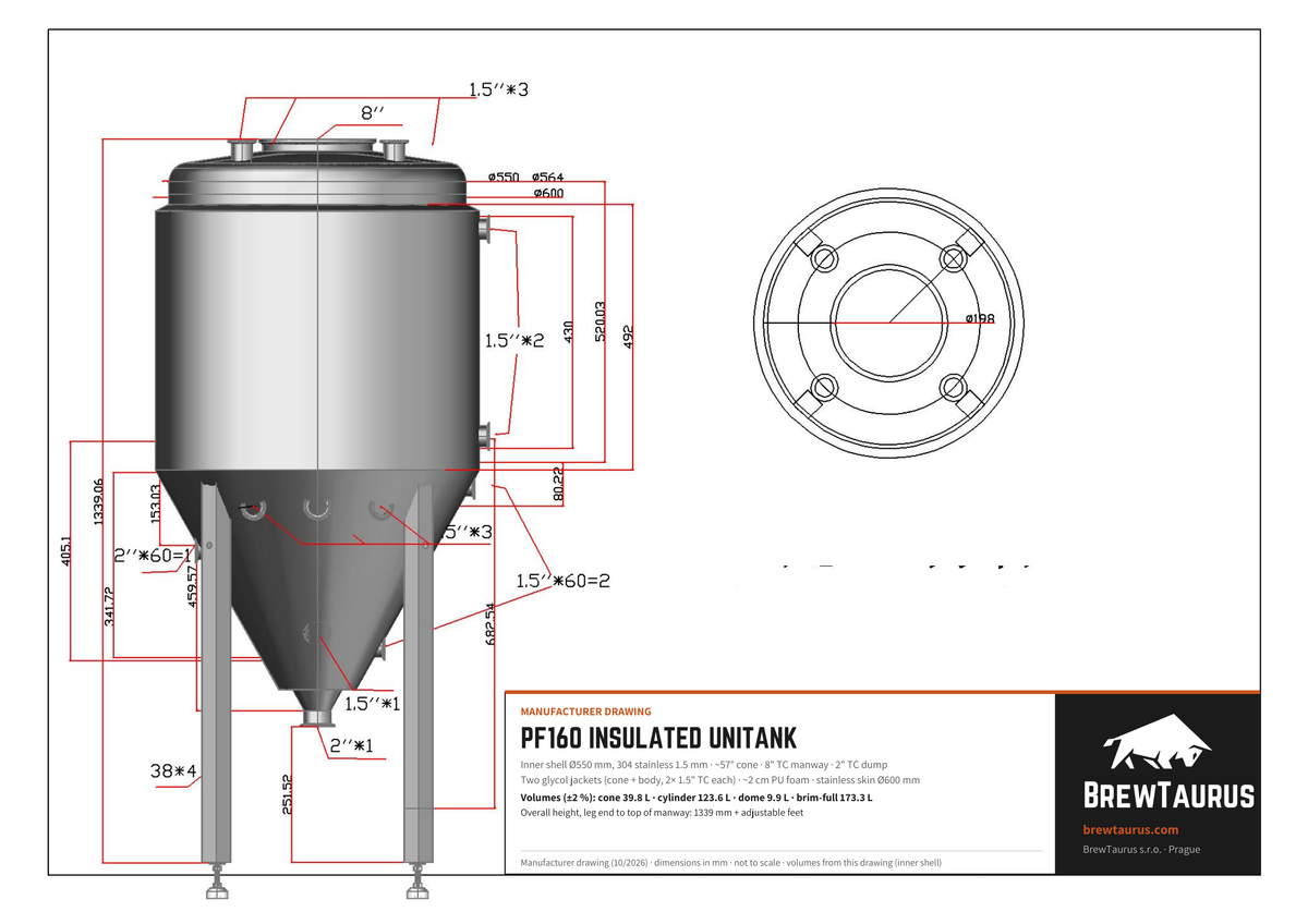 BrewTaurus PF160 Insulated Unitank technical drawing: inner Ø550 mm, ~57° cone, 8" TC top port, 2" TC dump, 2" TC heating-element port, insulated skin Ø600 mm, overall height 1339 mm