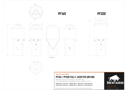 BrewTaurus PF160 / PF220 Fully Jacketed Unitank technical drawing: ID Ø550 mm, 60° cone, 8" TC manway, 2" TC dump, 2" TC heating-element port, overall height 1362.2 / 1572.2 mm