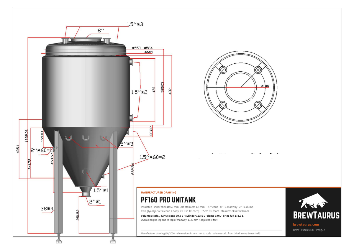 BrewTaurus PF160 PRO Unitank technical drawing: inner Ø550 mm, ~57° cone, 8" TC top port, 2" TC dump, 2" TC heating-element port, insulated skin Ø600 mm, overall height 1339 mm