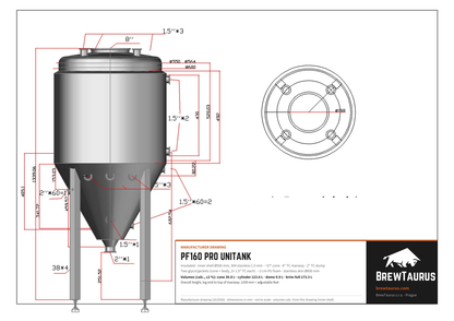 BrewTaurus PF160 PRO Unitank technical drawing: inner Ø550 mm, ~57° cone, 8" TC top port, 2" TC dump, 2" TC heating-element port, insulated skin Ø600 mm, overall height 1339 mm