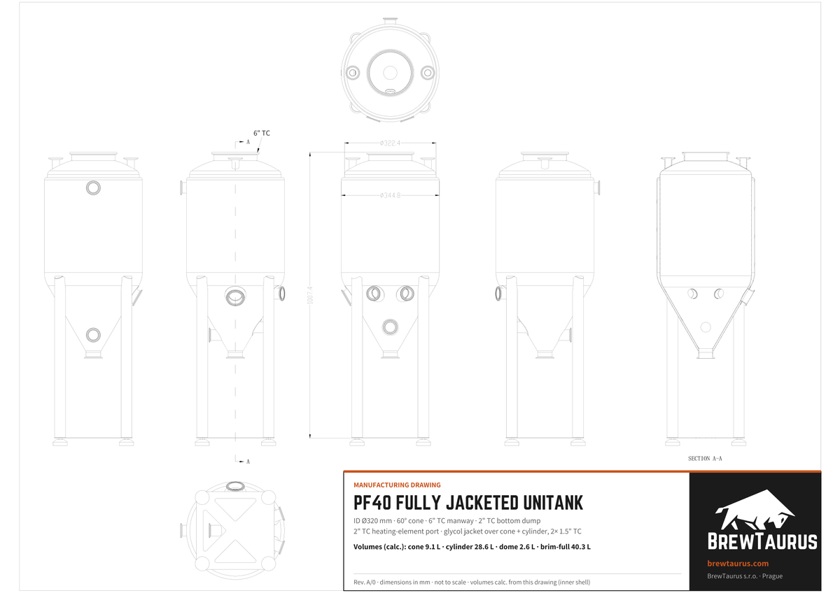 BrewTaurus PF40 Fully Jacketed Unitank technical drawing: ID Ø320 mm, 60° cone, 6" TC manway, 2" TC dump, 2" TC heating-element port, overall height 1007.4 mm