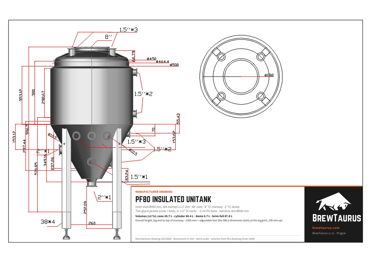 BrewTaurus PF80 Insulated Unitank technical drawing: inner Ø450 mm, 60° cone, 8" TC top port, 2" TC dump, 2" TC heating-element port, insulated skin Ø500 mm, overall height ~1095 mm