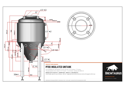 BrewTaurus PF80 Insulated Unitank technical drawing: inner Ø450 mm, 60° cone, 8" TC top port, 2" TC dump, 2" TC heating-element port, insulated skin Ø500 mm, overall height ~1095 mm