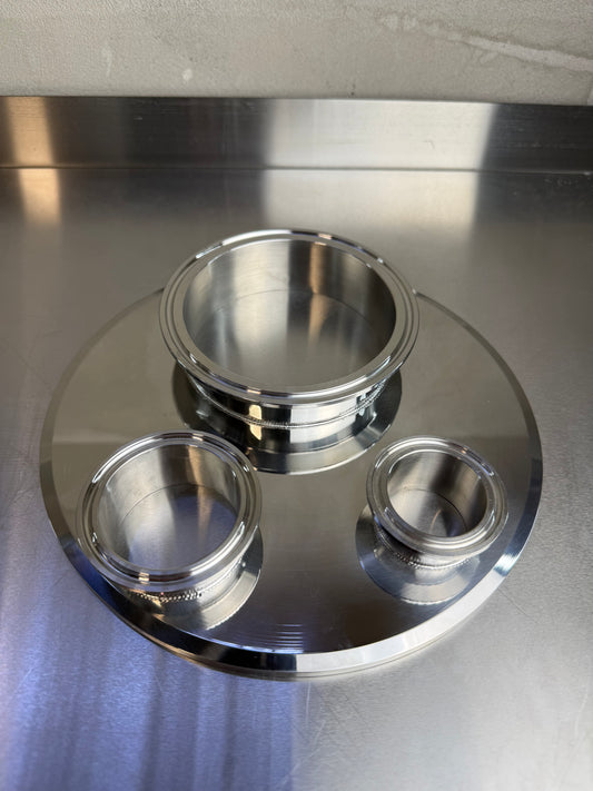 8 inch Tri-Clamp multi-port reducer cap with 4 inch 2 inch and 1.5 inch TC outlets