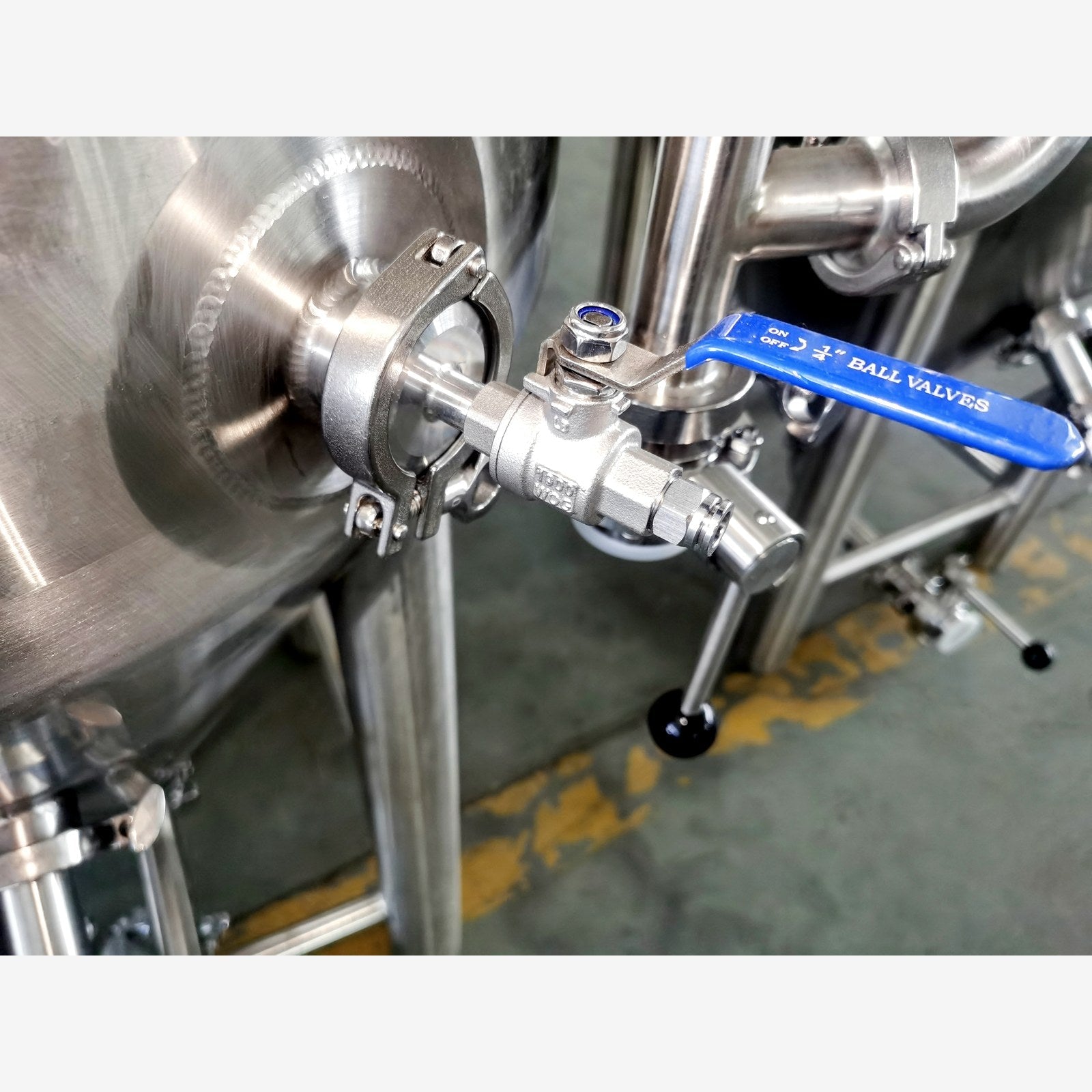 Tri-clamp connection and ball valve detail on the BrewTaurus PRO conical fermenter