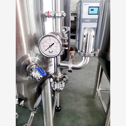 Pressure gauge and sanitary fittings on the BrewTaurus PRO conical fermenter