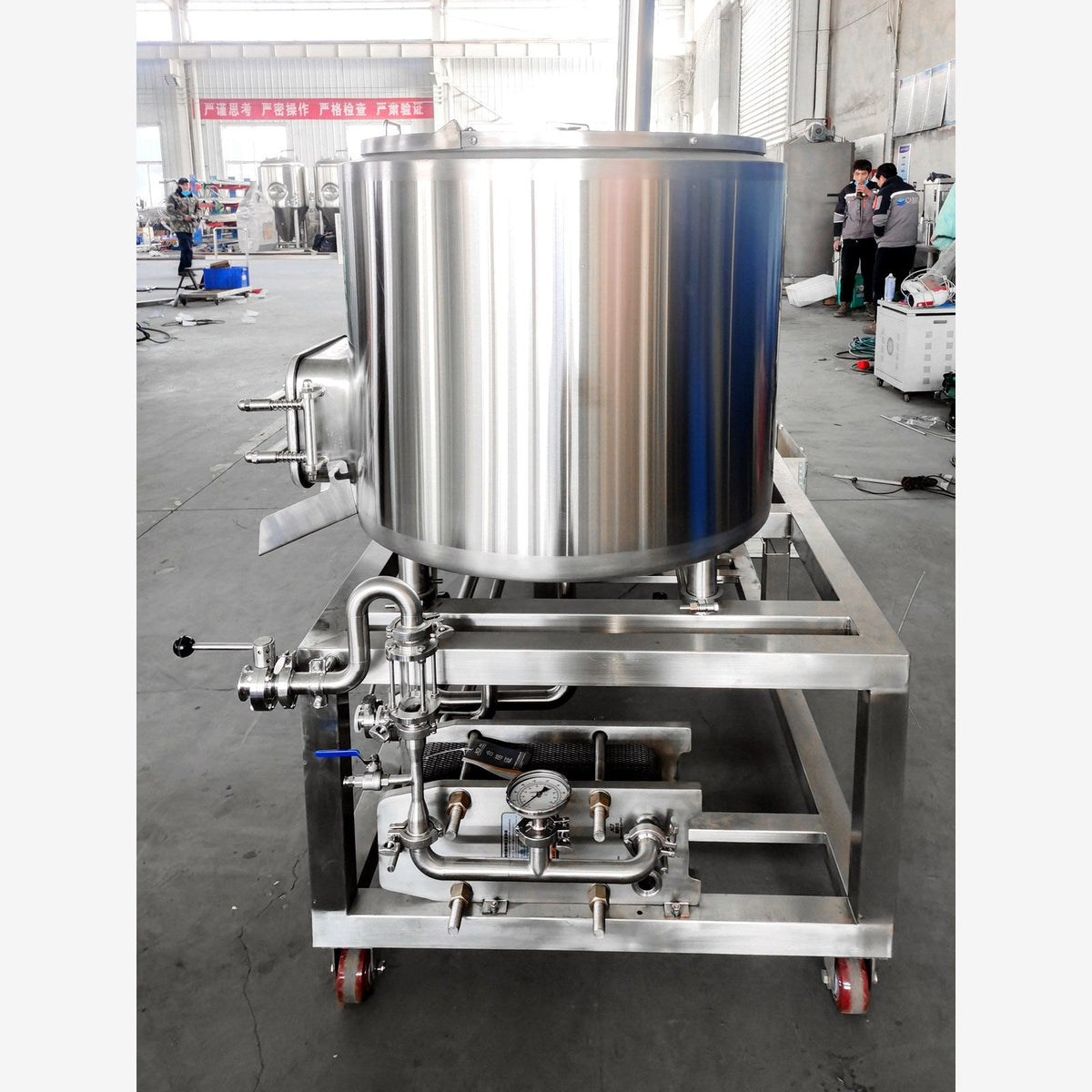 BrewTaurus PRO 150L brewhouse on a compact skid frame with pump and gauge