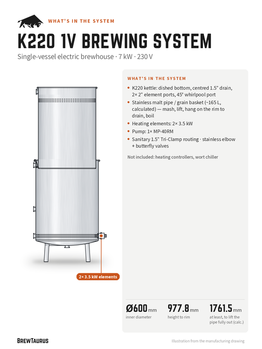 What's in the BrewTaurus K220 1V Brewing System: Single-vessel electric brewhouse, 230 V; 7 kW heating, 1× MP-40RM pump, no chiller; key dimensions