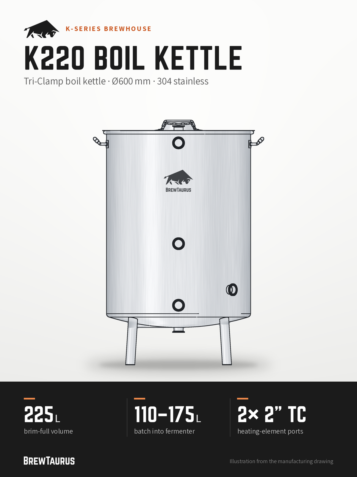 BrewTaurus K220 Boil Kettle – Tri-Clamp boil kettle · Ø600 mm · 304 stainless: 225 L brim-full volume, 110–175 L batch into fermenter, 2× 2" TC heating-element ports