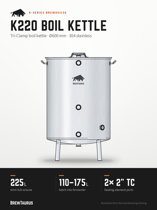 BrewTaurus K220 Boil Kettle – Tri-Clamp boil kettle · Ø600 mm · 304 stainless: 225 L brim-full volume, 110–175 L batch into fermenter, 2× 2" TC heating-element ports