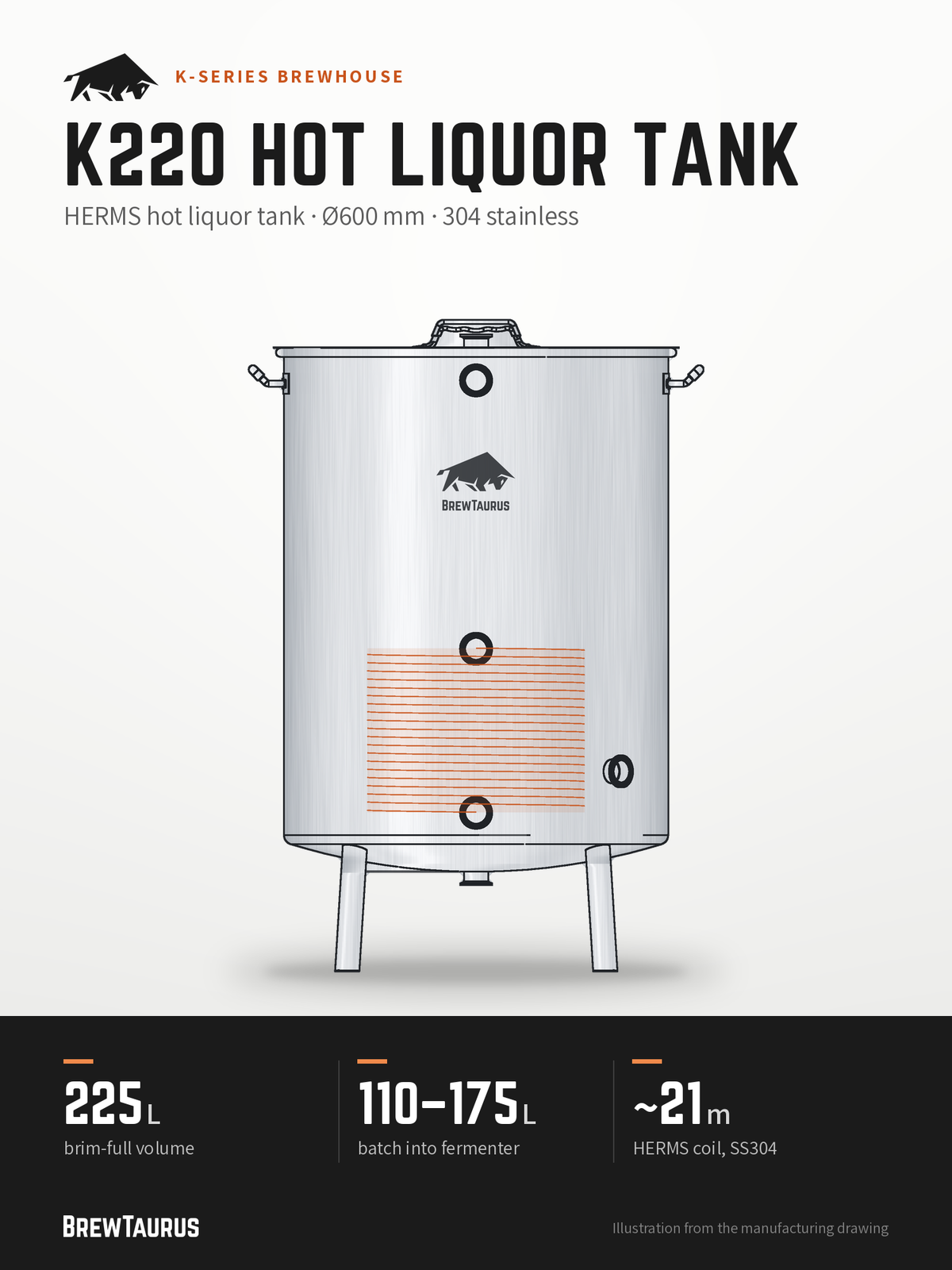 BrewTaurus K220 Hot Liquor Tank – HERMS hot liquor tank · Ø600 mm · 304 stainless: 225 L brim-full volume, 110–175 L batch into fermenter, ~21 m HERMS coil (SS304)