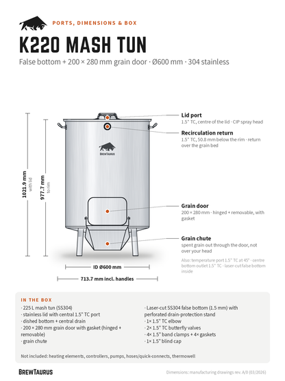 BrewTaurus K220 Mash Tun ports and dimensions: lid port, recirculation return, grain door, grain chute, temperature port, bottom outlet, false bottom; 977.7 mm to rim, inner Ø600 mm, 713.7 mm incl. handles, in-the-box list