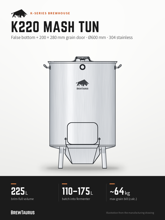 BrewTaurus K220 Mash Tun – False bottom + 200 × 280 mm grain door · Ø600 mm · 304 stainless: 225 L brim-full volume, 110–175 L batch into fermenter, ~64 kg max grain bill