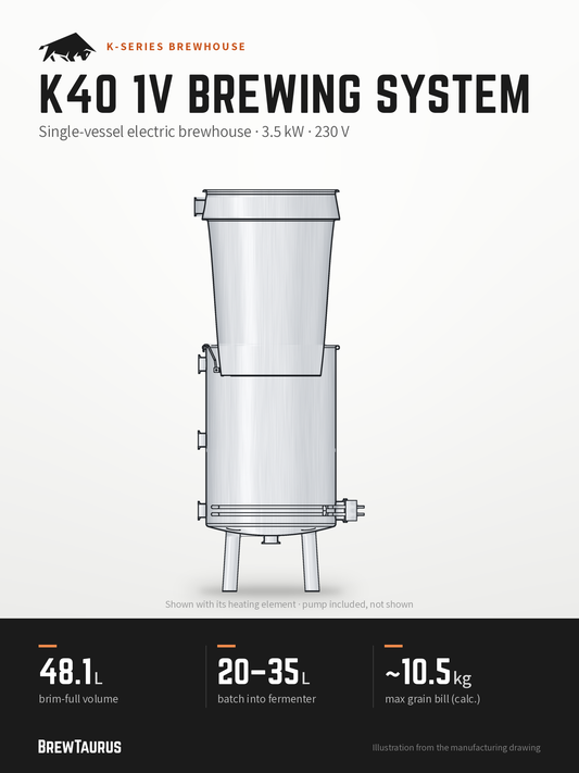 BrewTaurus K40 1V Brewing System – Single-vessel electric brewhouse · 3.5 kW · 230 V: 48.1 L brim-full volume, 20–35 L batch into fermenter, ~10.5 kg max grain bill