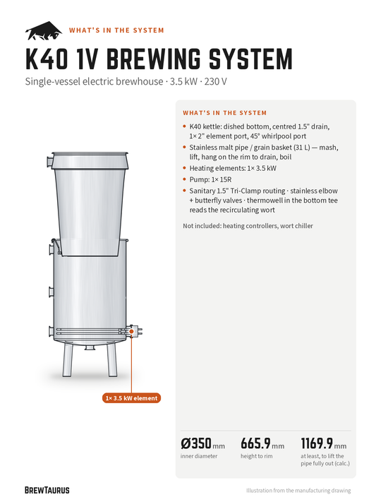 What's in the BrewTaurus K40 1V Brewing System: Single-vessel electric brewhouse, 230 V; 3.5 kW heating, 1× 15R pump, no chiller; key dimensions