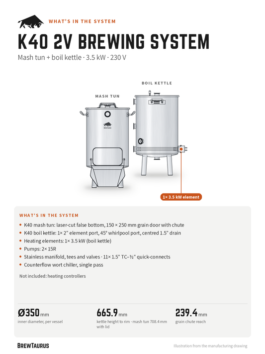 What's in the BrewTaurus K40 2V Brewing System: Mash tun + boil kettle, electric, 230 V; 3.5 kW heating, 2× 15R pumps, counterflow chiller; key dimensions