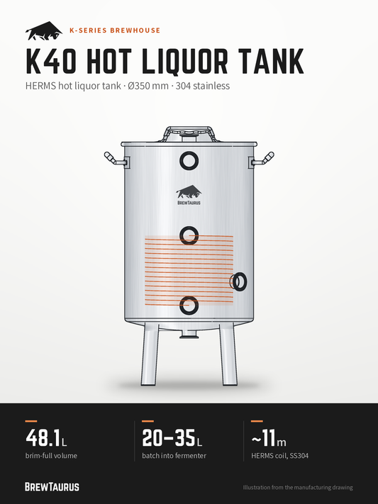 BrewTaurus K40 Hot Liquor Tank – HERMS hot liquor tank · Ø350 mm · 304 stainless: 48.1 L brim-full volume, 20–35 L batch into fermenter, ~11 m HERMS coil (SS304)