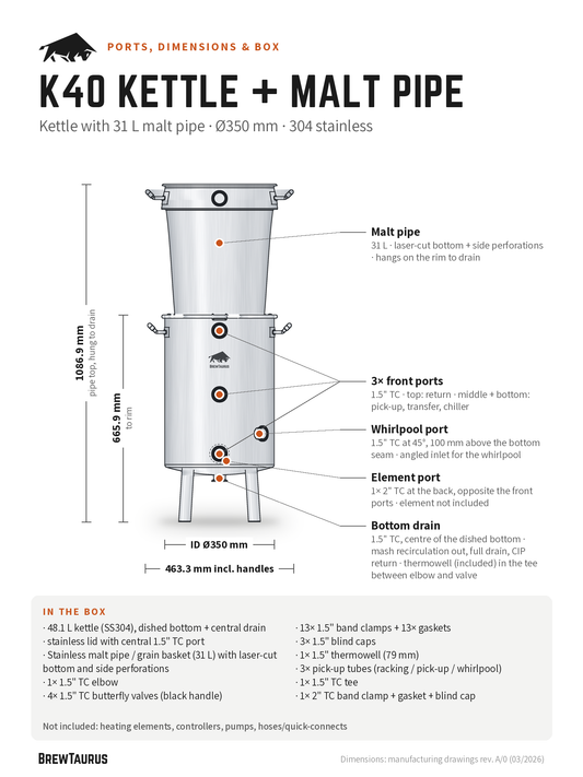 BrewTaurus K40 Boil Kettle with Malt Pipe ports and dimensions: malt pipe, 3× front ports, whirlpool port, element port, bottom drain; 665.9 mm to rim, inner Ø350 mm, 463.3 mm incl. handles, in-the-box list