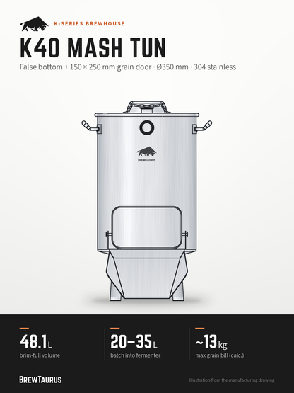 BrewTaurus K40 Mash Tun – False bottom + 150 × 250 mm grain door · Ø350 mm · 304 stainless: 48.1 L brim-full volume, 20–35 L batch into fermenter, ~13 kg max grain bill