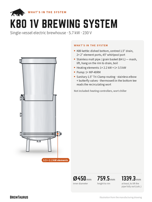 What's in the BrewTaurus K80 1V Brewing System: Single-vessel electric brewhouse, 230 V; 5.7 kW heating, 1× MP-40RM pump, no chiller; key dimensions