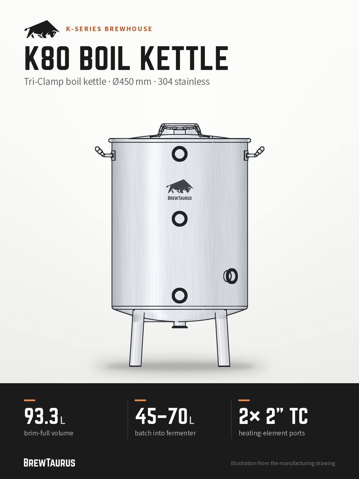 BrewTaurus K80 Boil Kettle – Tri-Clamp boil kettle · Ø450 mm · 304 stainless: 93.3 L brim-full volume, 45–70 L batch into fermenter, 2× 2" TC heating-element ports