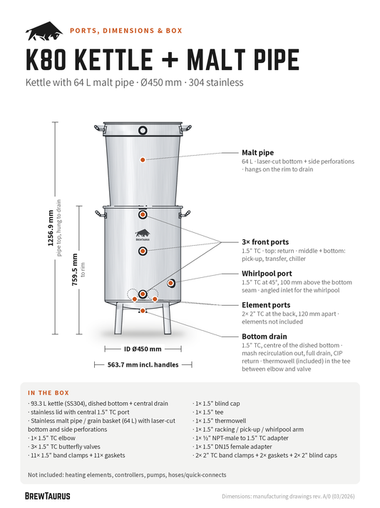 BrewTaurus K80 Boil Kettle with Malt Pipe ports and dimensions: malt pipe, 3× front ports, whirlpool port, element ports, bottom drain; 759.5 mm to rim, inner Ø450 mm, 563.7 mm incl. handles, in-the-box list