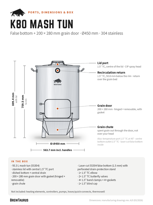 BrewTaurus K80 Mash Tun ports and dimensions: lid port, recirculation return, grain door, grain chute, temperature port, bottom outlet, false bottom; 759.5 mm to rim, inner Ø450 mm, 563.7 mm incl. handles, in-the-box list