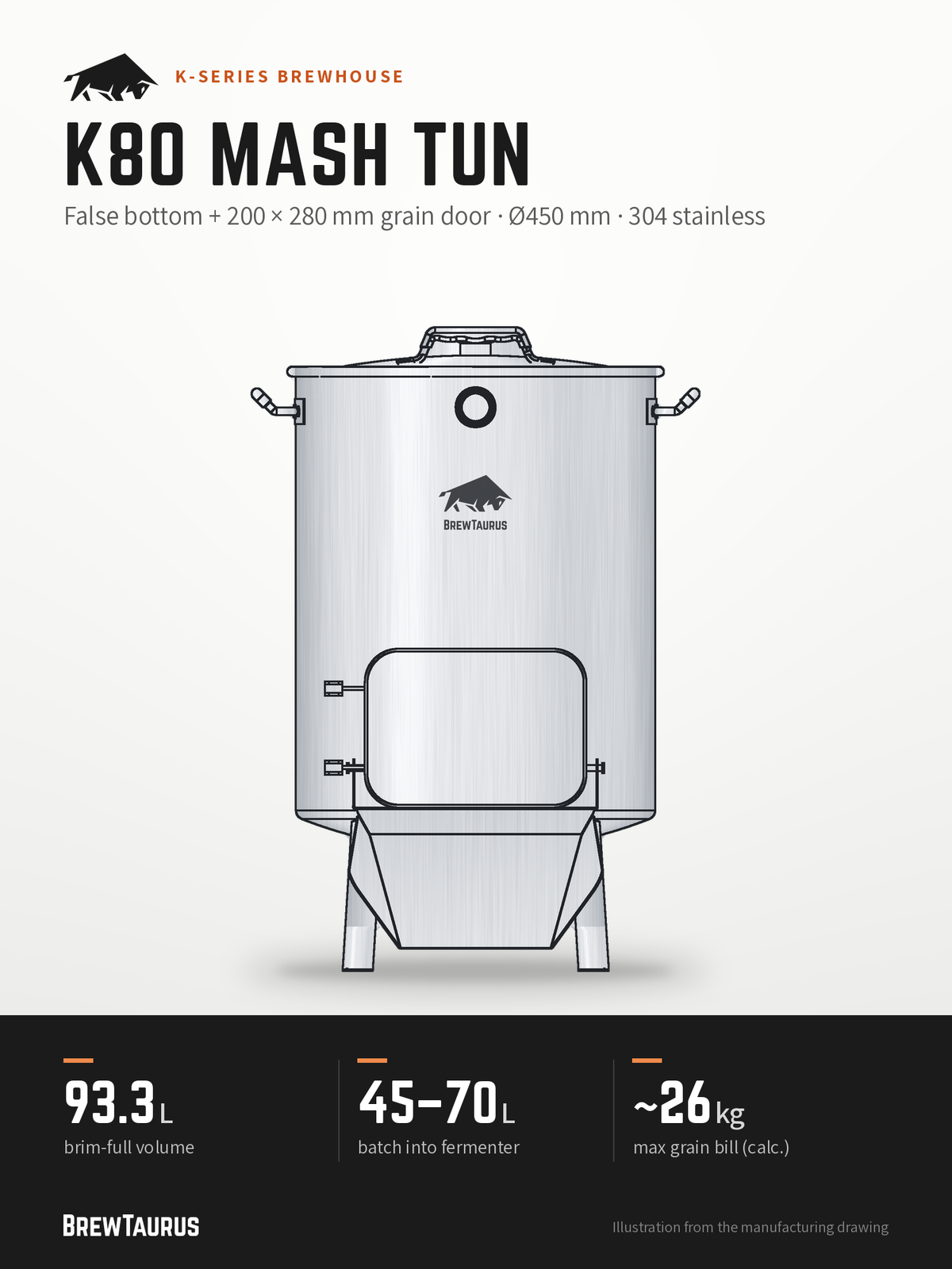 BrewTaurus K80 Mash Tun – False bottom + 200 × 280 mm grain door · Ø450 mm · 304 stainless: 93.3 L brim-full volume, 45–70 L batch into fermenter, ~26 kg max grain bill