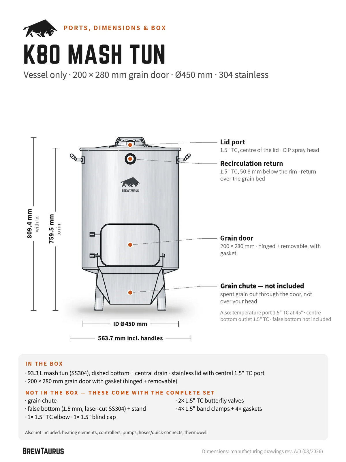 BrewTaurus K80 Mash Tun, vessel only — ports and dimensions: lid port, recirculation return, grain door, temperature port, bottom outlet (grain chute and false bottom not included); 759.5 mm to rim, inner Ø450 mm, 563.7 mm incl. handles; what is and is not in the box