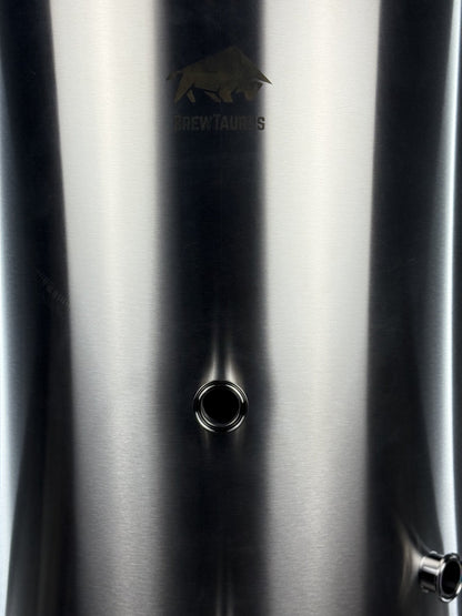 K220 Boil Kettle — close-up of a 1.5" Tri-Clamp front port, the angled whirlpool port and the etched BrewTaurus logo