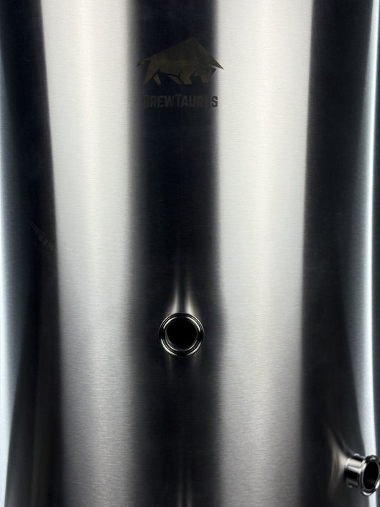 K220 Boil Kettle — close-up of a 1.5" Tri-Clamp front port, the angled whirlpool port and the etched BrewTaurus logo