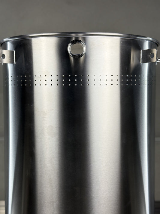 K220 Malt Pipe — close-up of the top ring: 1.5" Tri-Clamp port, handles and perforated drainage band