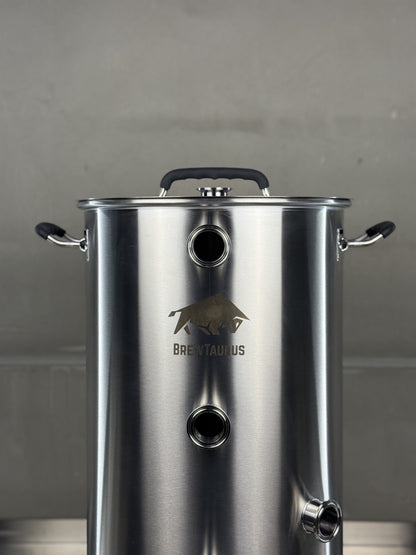 K40 Boil Kettle — close-up of the 1.5" Tri-Clamp front ports and the etched BrewTaurus logo