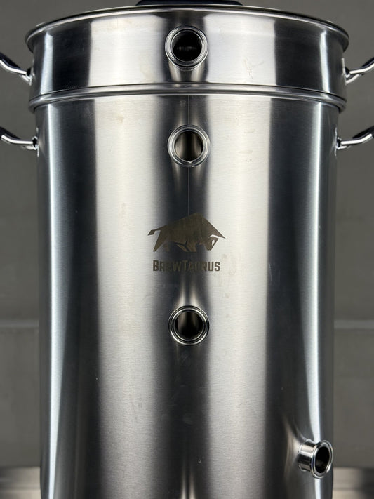K80 Boil Kettle + Malt Pipe — close-up of the malt pipe top ring above the kettle rim and the 1.5" Tri-Clamp front ports